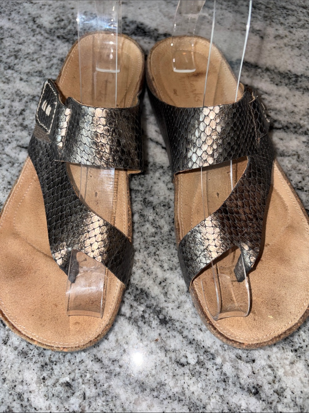 Clarks Metallic Gray Snake-Texture Thong Sandals